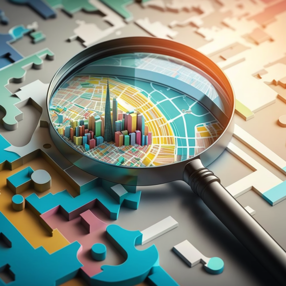 Magnifying glass over a map pinpointing local businesses, with search engine results highlighting relevant keywords in the background.