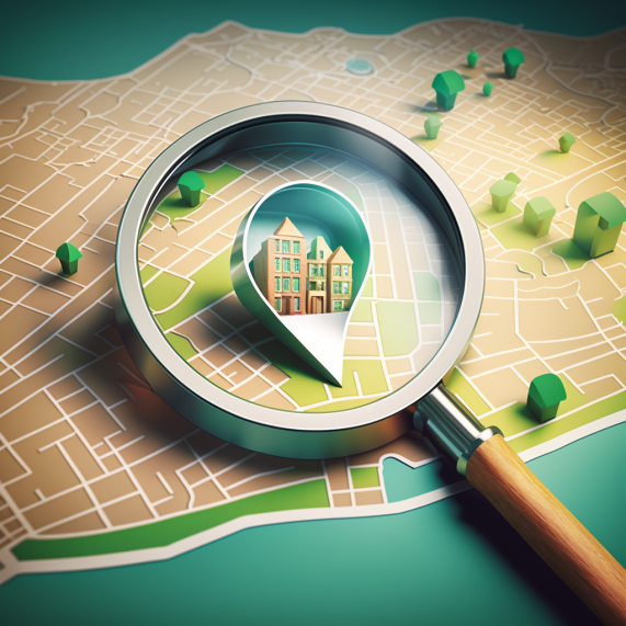 Magnifying glass over a map pinpointing local businesses, with search engine results highlighting relevant keywords in the background.