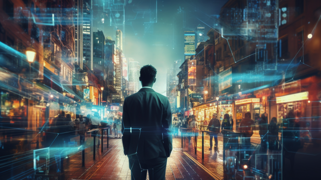 Futuristic Cityscape with GPT Chatbot Engagement