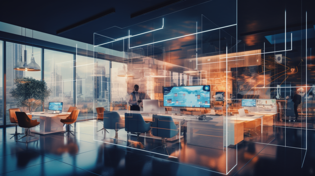 Futuristic Office with Marketing Chatbots